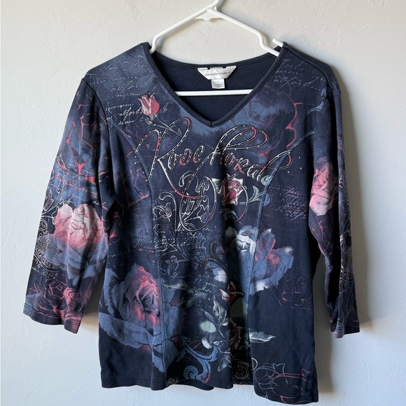 Christopher & Banks Black Floral Graphic Blouse - Picture 3 of 5